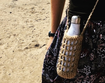Handmade Jute Crochet Water Bottle Holder: Crossbody Festival Carrier