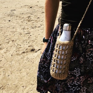 Handmade Jute Crochet Water Bottle Holder: Crossbody Festival Carrier