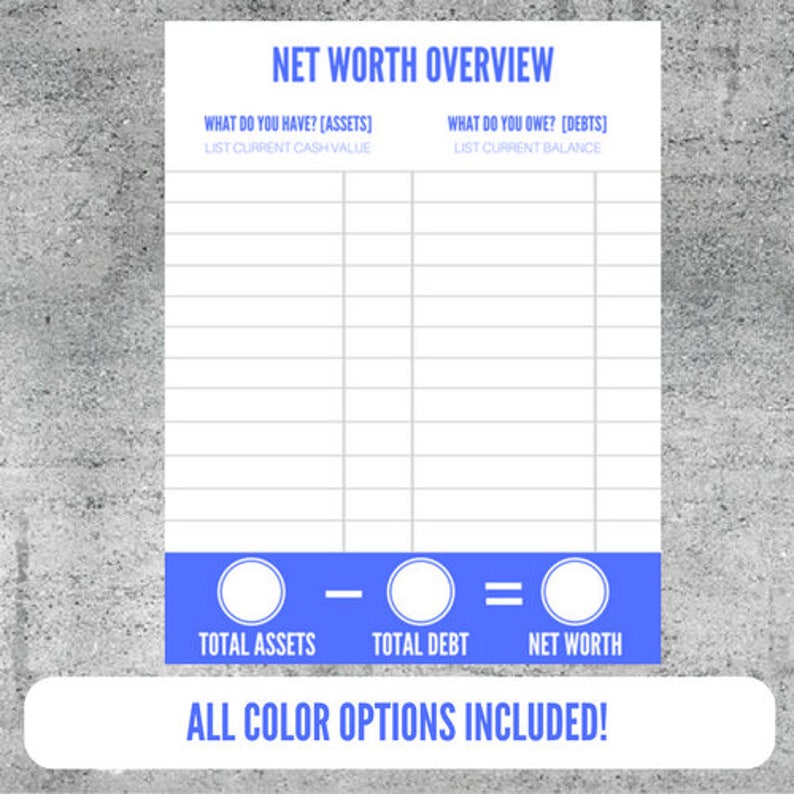 Printable Net Worth Worksheet Net Worth Financial Printables | Etsy