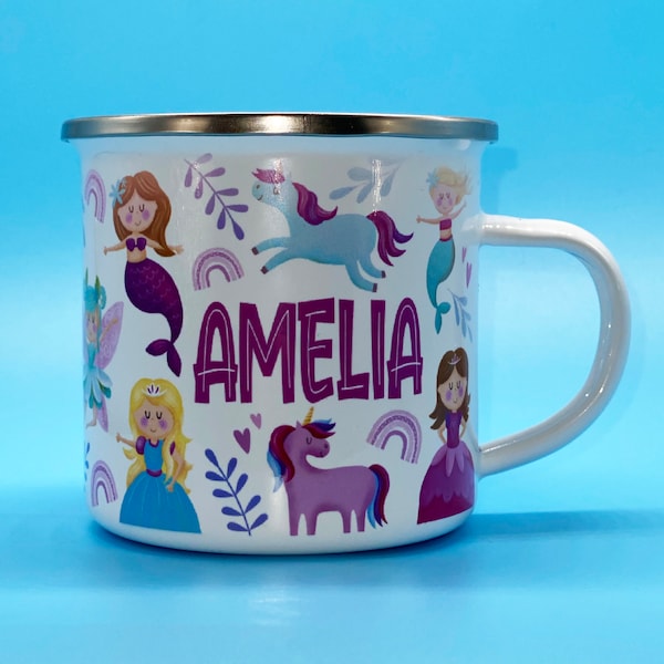 Personalised Princess, Mermaid and Unicorn Enamel Mug,  kids Mug,  Girls Birthday,  Hot Chocolate Mug plus optional matching coaster.