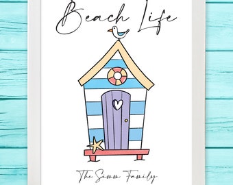 Personalised Custom BEACH HUT FAMILY Print, Beach Life, Beach hut owner decor, Gift for Beach lover family