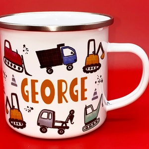 Personalised custom TRUCKS AND DIGGERS Enamel Mug, Boys Birthday, Digger gift, Builder gift, Hot Chocolate Mug