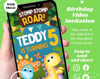 May include: A mobile phone screen displaying a birthday invitation for Teddy turning 5. The invitation features a dinosaur theme with colorful illustrations of dinosaurs and the text "Stomp Stomp Roar!" and "Teddy 5 is turning".