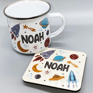 Personalised Space Enamel Mug, Rockets,Stars, planets, Boys Birthday, Easter gift, Hot Chocolate Mug plus optional matching coaster.