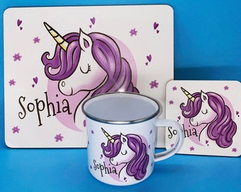 Personalised Children's UNICORN Placemat & Coaster Set,  Optional matching enamel mug. Unicorn Gift For Kids, Dinner Set, Kids Birthday