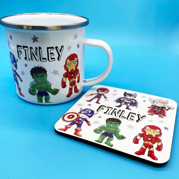 Personalised SUPER HERO Enamel Mug and Coaster,  Super heroes, Personalised kids Mug,  Boys Birthday,  Hot Chocolate Mug