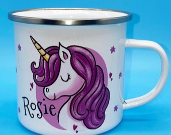 Personalised custom UNICORN Enamel Mug,  Personalised kids Mug, Girls Birthday,  Unicorn gift, Hot Chocolate Mug