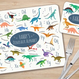 Personalised Children's Dinosaur Placemat, Coaster & Mug Set. Dinosaur Alphabet.  Educational gift, Dinner Set, Dinosaur lover.