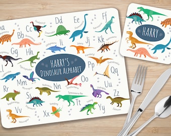 Personalised Children's Dinosaur Placemat, Coaster & Mug Set. Dinosaur Alphabet.  Educational gift, Dinner Set, Dinosaur lover.