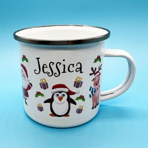 Personalised Christmas Enamel Mug,  Christmas Gift For Kids,Christmas Eve box gift, Childs Xmas mug.
