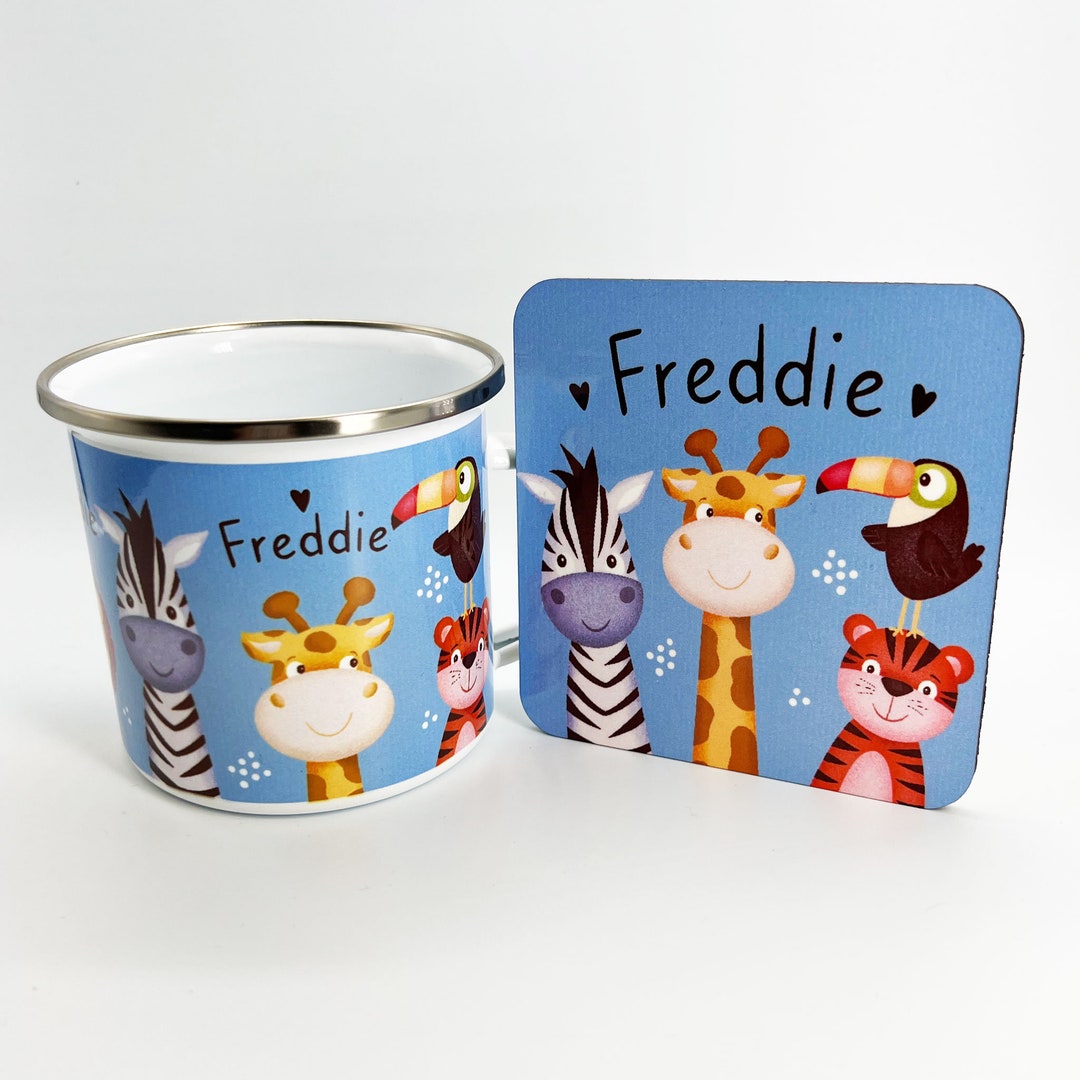 Personalised Children's Jungle Mug, Placemat & Coaster Set. Jungle Kids Gift, Dinner Set, Boys
