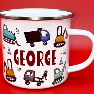 Personalised TRUCKS AND DIGGERS Enamel Mug, Boys Birthday, Digger gift, Builder gift, Hot Chocolate Mug