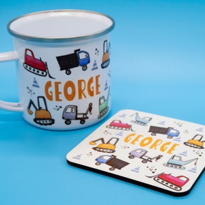 Personalised TRUCKS AND DIGGERS Placemat & Coaster Set.  Boys Birthday, Digger gift, Builder gift, Hot Chocolate Mug, with optional mug.