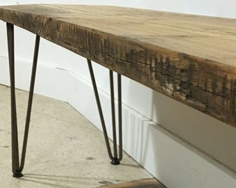 Banco de madera recuperada con horquillas negras, elección de tamaños+colores