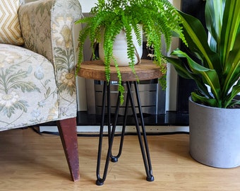 Toni solid stool table with hairpin legs, minimalist, eco friendly, reclaimed wood