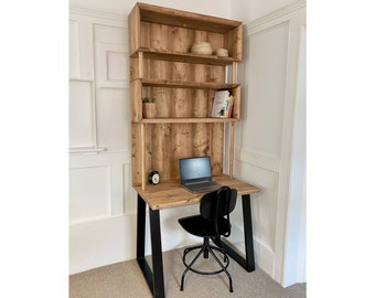 Reclaimed Wood Alcove Office Desk With Black Trapezium Legs and Shelving, CUSTOMISABLE