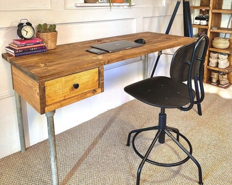 Reclaimed Wood Desk with Drawer and Industrial Scaffold Legs