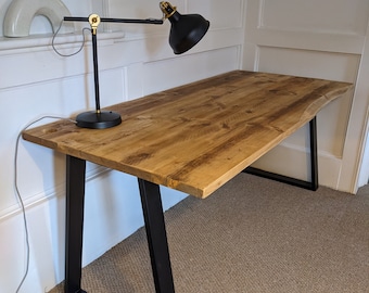 Reclaimed Bevelled Edged Desk with Trapezium Legs and Cabling Holes