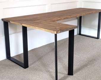 Reclaimed Corner Desk with Black Steel Legs + Uneven Edges, Customisable Sizes and Finish