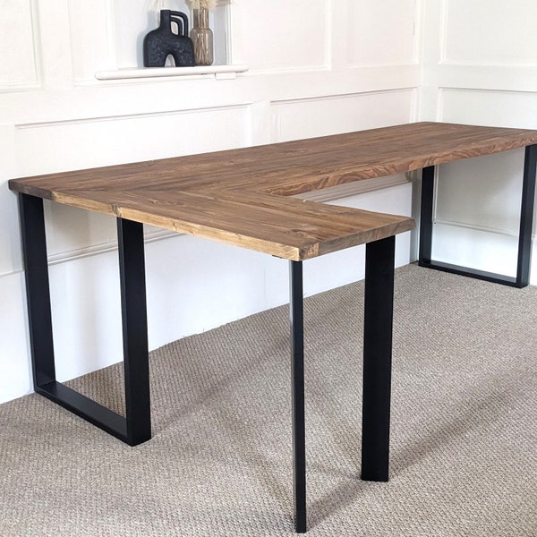 Reclaimed Corner Desk with Black Steel Legs + Uneven Edges, Customisable Sizes and Finish