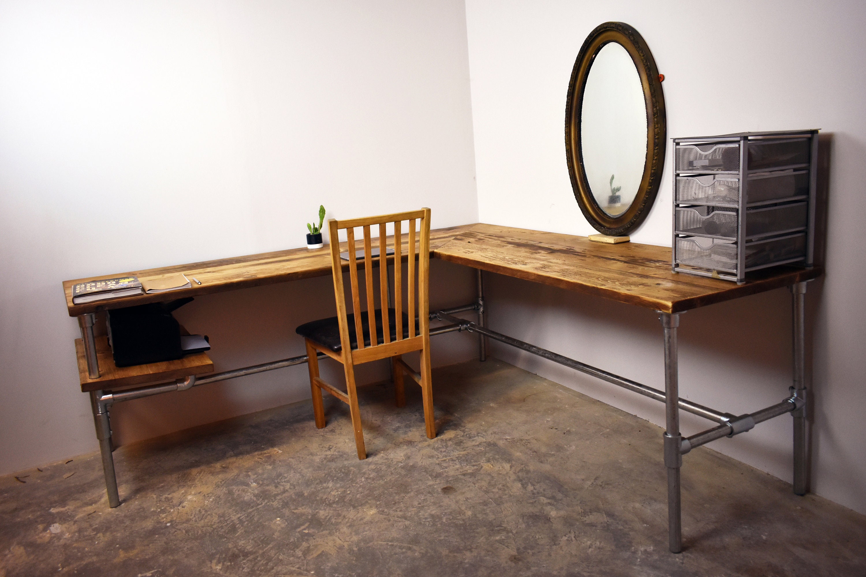 Reclaimed Wood Corner Desk Printer Shelf Custom Etsy UK