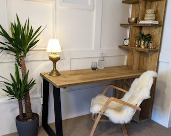 Reclaimed Wood Office Desk With Integrated Bookshelf and Black Leg