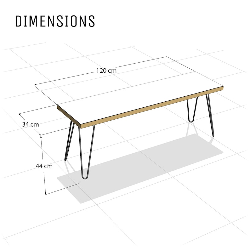 Puede incluir: Una mesa de madera con una tapa de madera clara y patas de horquilla negras. La mesa mide 120 cm de largo, 44 cm de ancho y 34 cm de alto.