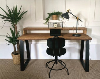 Rustic Reclaimed Desk with Monitor Shelf, Choice of Trapezium/Hairpin Legs and Different Finishes