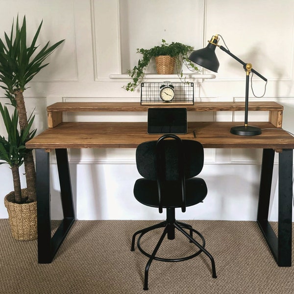 Rustic Reclaimed Desk with Monitor Shelf, Choice of Trapezium/Hairpin Legs and Different Finishes