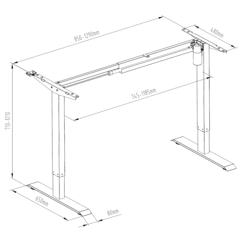 May include: A black and white line drawing of an adjustable height desk frame. The frame has a rectangular top with a width of 650-1290 mm and a depth of 480 mm. The height of the frame is adjustable from 710-1185 mm. The frame has a base with a width of 80 mm and a depth of 650 mm.