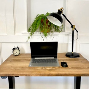 May include: A wooden desk with a black metal frame, a laptop computer, a black lamp with a gold base, a black mouse, and a small black alarm clock. The desk is in front of a white wall with a green plant.