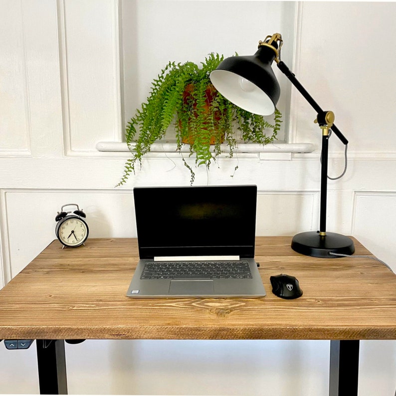 May include: A wooden desk with a black metal frame, a laptop computer, a black lamp with a gold base, a black mouse, and a small black alarm clock. The desk is in front of a white wall with a green plant.