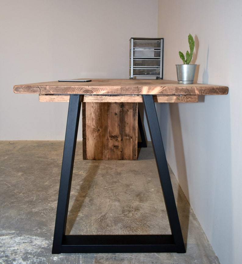 Reclaimed Wood Office Desk With Black Trapezium Legs, CUSTOMISABLE image 4