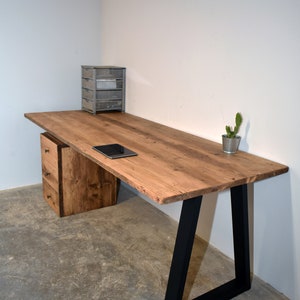 Reclaimed Wood Office Desk With Black Trapezium Legs, CUSTOMISABLE Dark Oak