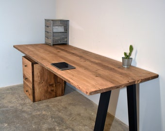 Reclaimed Wood Office Desk With Black Trapezium Legs, CUSTOMISABLE