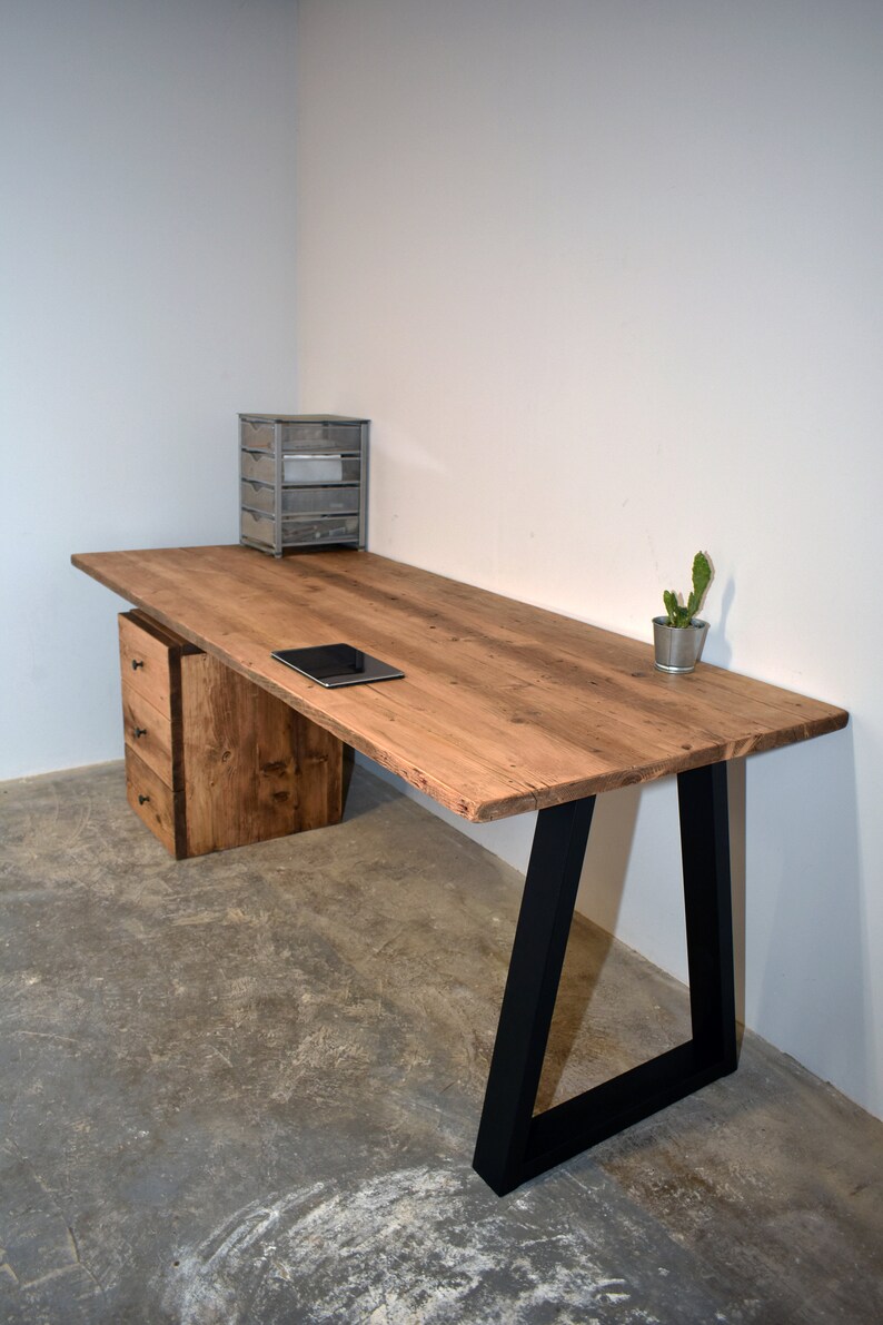 Reclaimed Wood Office Desk With Black Trapezium Legs, CUSTOMISABLE Dark Oak