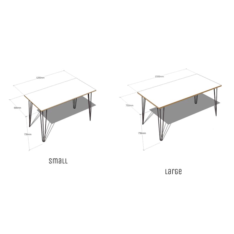 Puede incluir: Dos tableros de mesa blancos con patas de horquilla negras. La mesa m&aacute;s peque&ntilde;a tiene 152,4 cm de ancho y 304,8 cm de largo. La mesa m&aacute;s grande tiene 190,5 cm de ancho y 381 cm de largo. Las mesas est&aacute;n etiquetadas como "peque&ntilde;a" y "grande".