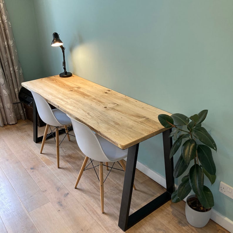 Reclaimed Wood Office Desk With Black Trapezium Legs, CUSTOMISABLE Oak