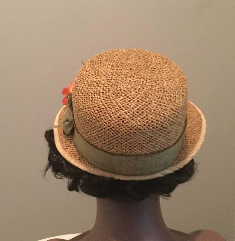 Ball Game Lunch Beach Church Tan Straw Weave Vintage Re-Styled Women Sun Cap Hat Vibrant Orange Flowers