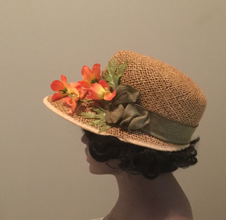 Ball Game Lunch Beach Church Tan Straw Weave Vintage Re-Styled Women Sun Cap Hat Vibrant Orange Flowers