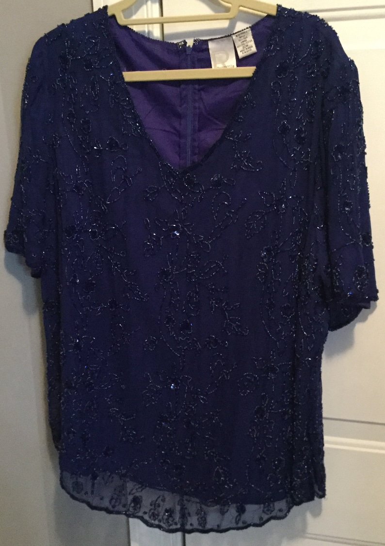 Made India,Mint Condition Vintage Roaman\u2019s Women 22W Formal Evening Cobalt Blue Pure Silk Blouse w Ornate beads and sequins