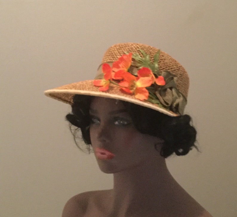 Ball Game Lunch Beach Church Tan Straw Weave Vintage Re-Styled Women Sun Cap Hat Vibrant Orange Flowers