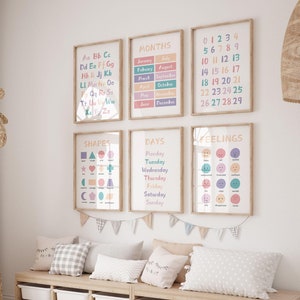 Alfabetgrafiek, cijfertabel, ABC-poster, set van 6 educatieve kinderkamerafdrukken, vormenafdruk, Scandinavische kinderkamerinrichting, digitale prints speelkamer