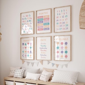 Impresiones de gráficos de mezcla y combinación, gráfico de números, póster ABC, impresiones educativas de guardería, decoración de guardería de formas, impresiones de sala de juegos, impresión de alfabeto