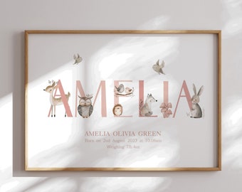 Personalized Woodland Nursery Print: Forest Animals Name Art