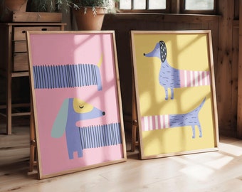 Dachshund Art Prints: Set of 2 Sausage Dog Decor, Colorful Modern Dogs Illustrations