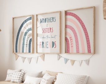 Personalized Rainbow Sibling Prints: Brother and Sister Decor