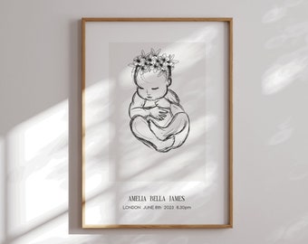 Custom Birth Poster, Boy or Girl, Newborn Baby, Personalised Birth Details, Baby Wall Art, Line Baby Sketch, Baby Print, Baby Poster