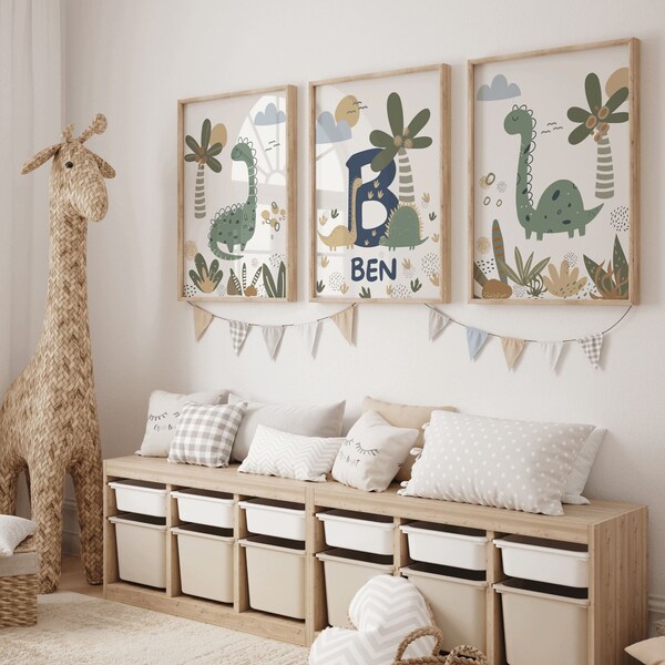 Lot de 3 impressions de dinosaures personnalisées, impression de dinosaure, décoration de chambre de dinosaure, impressions de salle de jeux, art scandinave pour enfants, art mural de chambre d'enfant,