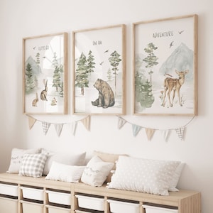 Nursery wall art,Set of 3,Adventure Nursery Prints,Mountain nursery decor,Woodland theme,Outdoor wall art,Forest nursery art,Woodland Animal